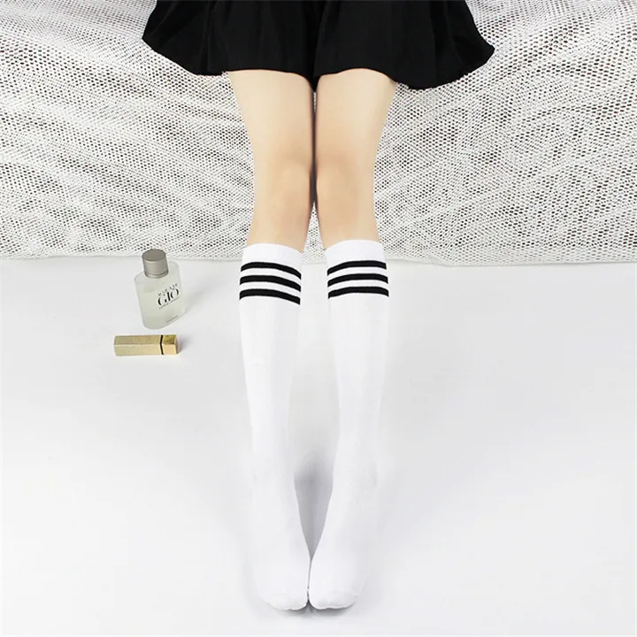 Полосатые носки, гетры, вязаные, с тремя полосками, черные и белые, хлопковые, комбинированные, женские, длинные носки, тонкие, выше колена, носки - Цвет: 15