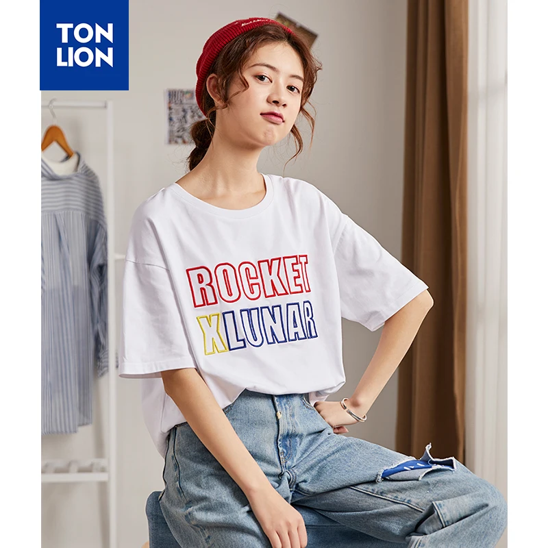 

TONLION White Tshirts Printing Woman Summer Letter Print Loose Tees and Tops Woman Crew Neck Casual T Shirts for Grils 16-28 Old