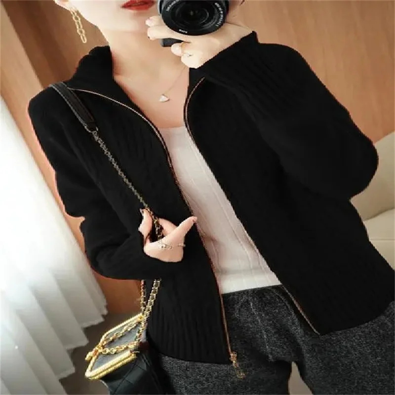Zipper Knitted Sweater Cardigan Women Stand-Up Collar Loose Cable  Solid Knit Sweater Jacket Female Student Tops Autumn Red Pink