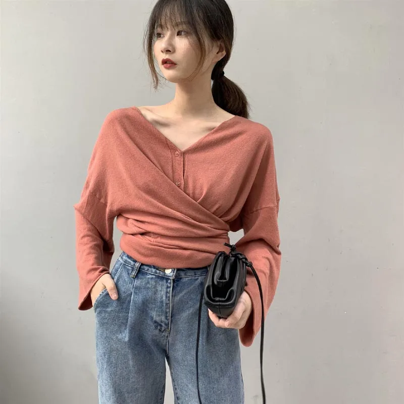 

J206 Spring French Stylish Long Sleeve Loose Sweater Women Fashion Solid Color Sweaters