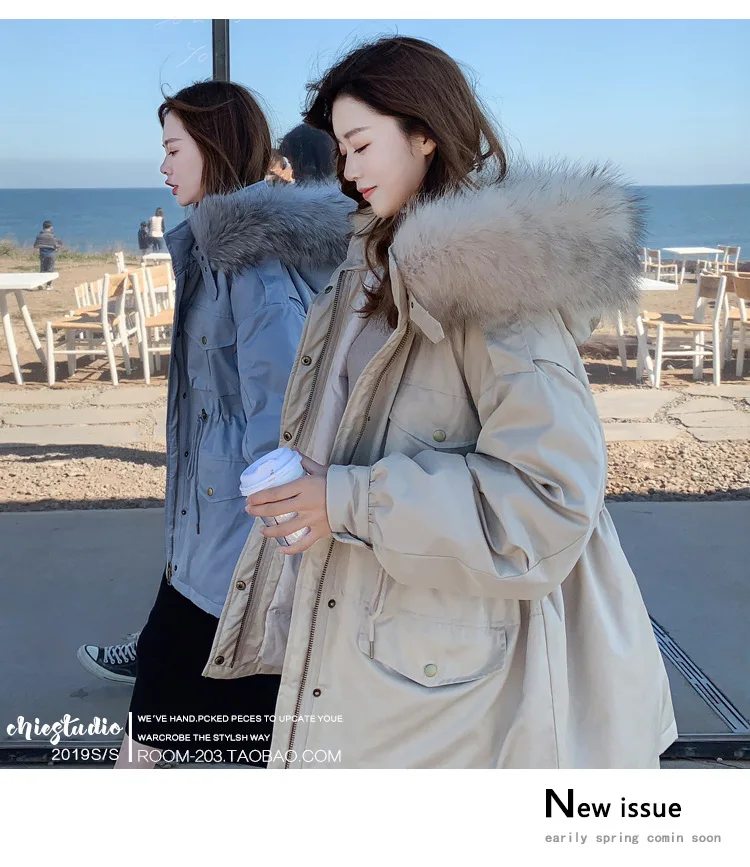 Dongdaemun, корейский стиль, стиль, толстый, средней длины, большой меховой воротник, рабочая одежда, несколько карманов, пуховик для женщин