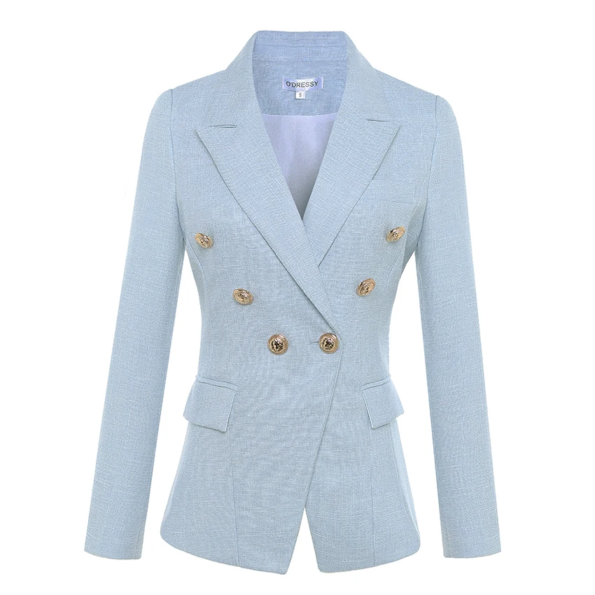 Designer Blazer Women's Long Sleeve Double Breasted Metal Lion Buttons Jacket Outer |