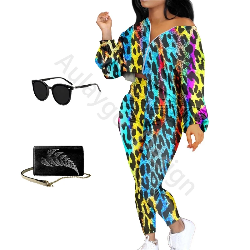 

Colorful Leopard Print Matching Sets Plus Size 4XL Women Two Piece Outfits Long Sleeve Zipper Coat And Pant Sexy Outfit For Club