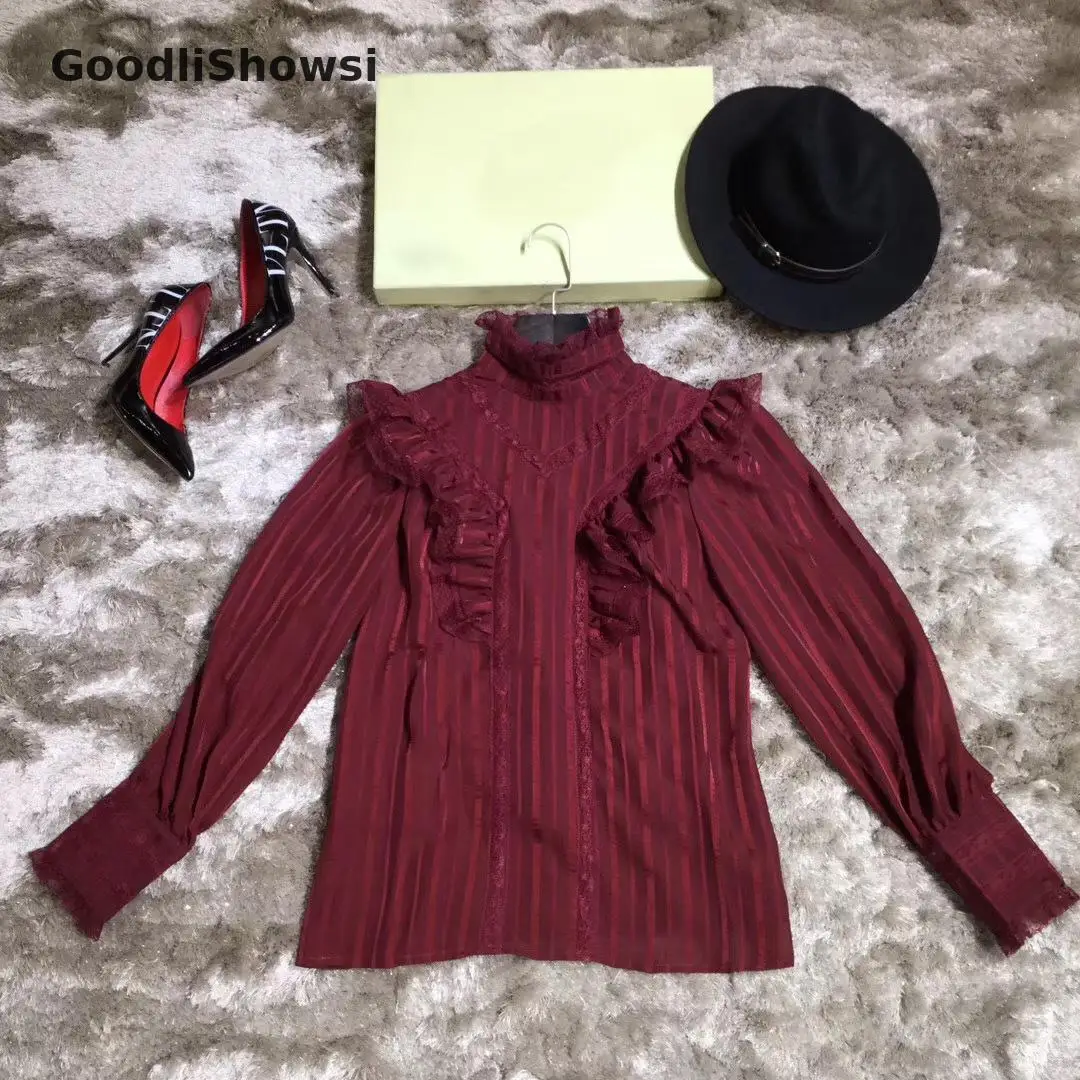 GoodliShowsi, Модные полосатые рубашки, одноцветные, кружевные, из кусков, с деревянными ушками, со стоячим воротником, с рукавами-фонариками, женские блузки, топы