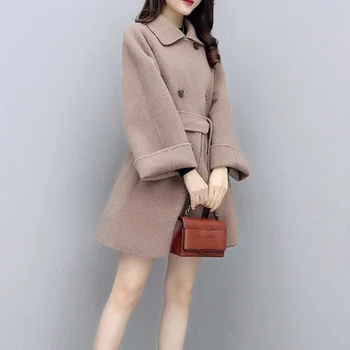 

Lucyever Fashion Solid Two-piece Skirts Woolen Coat Women Elegant Casual Short Skirt Woman Sashes Double Breasted Coat Set Mujer