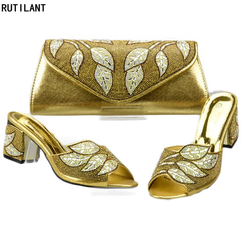 

Latest Gold Color Italian Shoes with Matching Bags Set Decorated with Rhinestone African Wedding Shoes and Bag Set Party Shoes