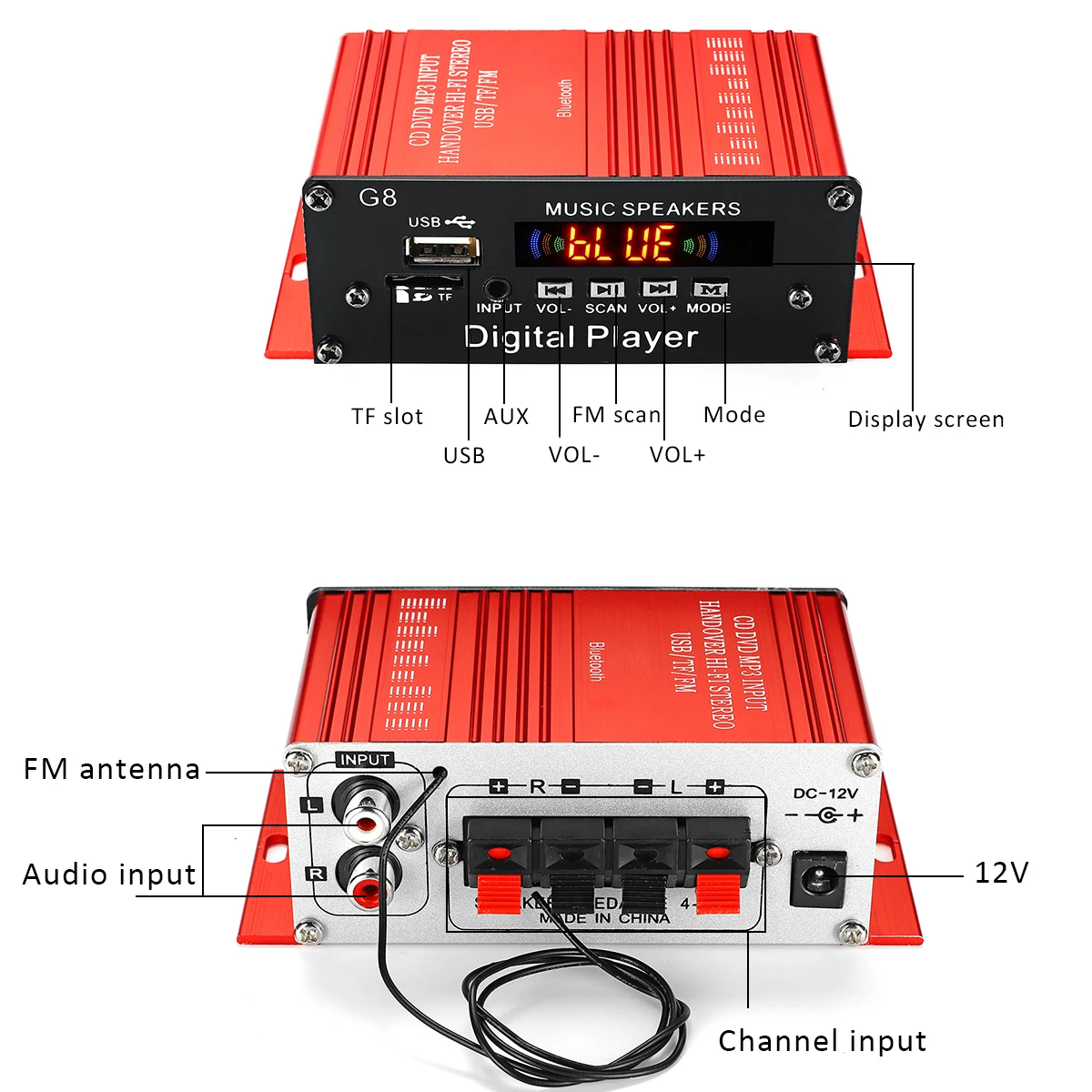 G8 12V Car Audio Stereo Power HIFI Amplifier bluetooth FM Radio 2CH 200W Support FM AUX SD U disk