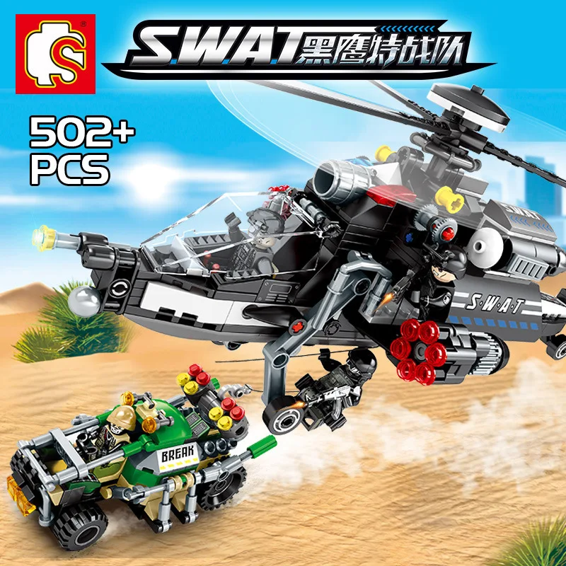 

Baby Semp 102387 Large Helicopter Hunt Black Hawk Special Combat Team Small Particles Assembled Building Blocks Toy Boy Gift