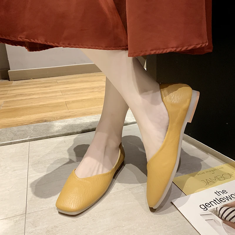 

2020 Ladies Casual Party soft Shoes Fashion Solid Flat Shoes Leather Square Toe Shallow Shoe Without Lace Flats Shoes U19-59