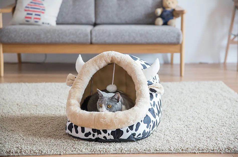 Cute Cat Bed Semi-closed Cats House Soft Warm Small Medium Dog Bed Pet House Built-in Fun Decoration for Cat Teddy Chihuahua Mat-55