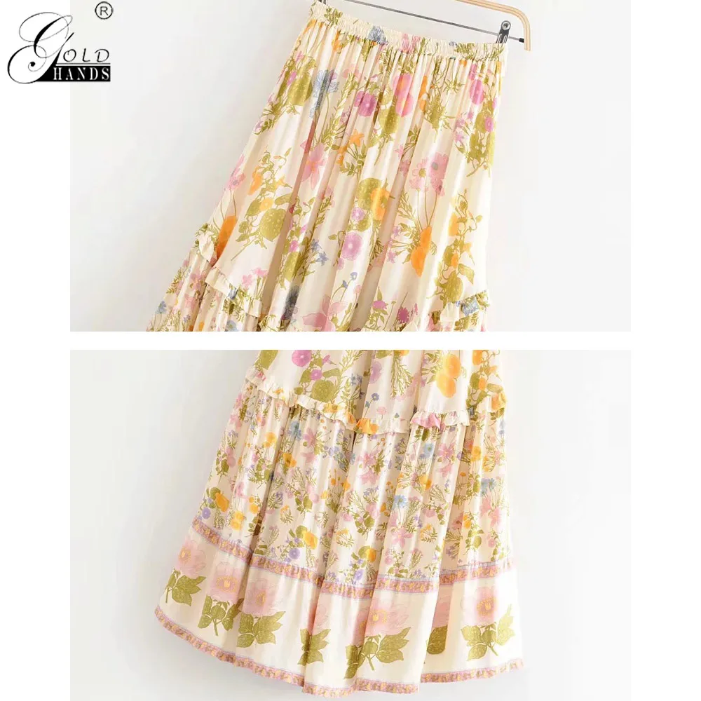 Золотые руки модные повседневные Jupe женские гофрированные длинные юбки Boho шикарные летние женские цветочные печати кисточкой лук шнурок юбка