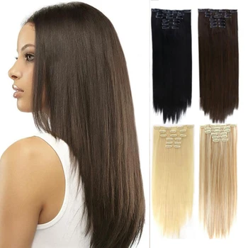 

MANWEI Long Straight Synthetic Hair Extensions Clips in High Temperature Fiber Black Blonde Hairpiece hairHeat Resista