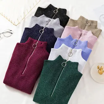

Shinny 2020 Spring Sweater Women Slim Solid Color Korean Zipper Sweater Knitted Pullovers Bottom Ladies Sweater Pullover