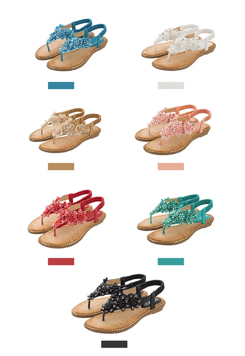 YAERNI Women Sandals New Fashion Bead Flower Round Toe Flip-flop Sandals Female Trend Summer Shoes Woman Plus Size 36-42