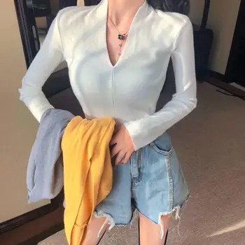 

T-shirts Women's Clothing ladies slim knitted tops fashion brand basic tees spring autumn winter v-neck casual style long sleeve
