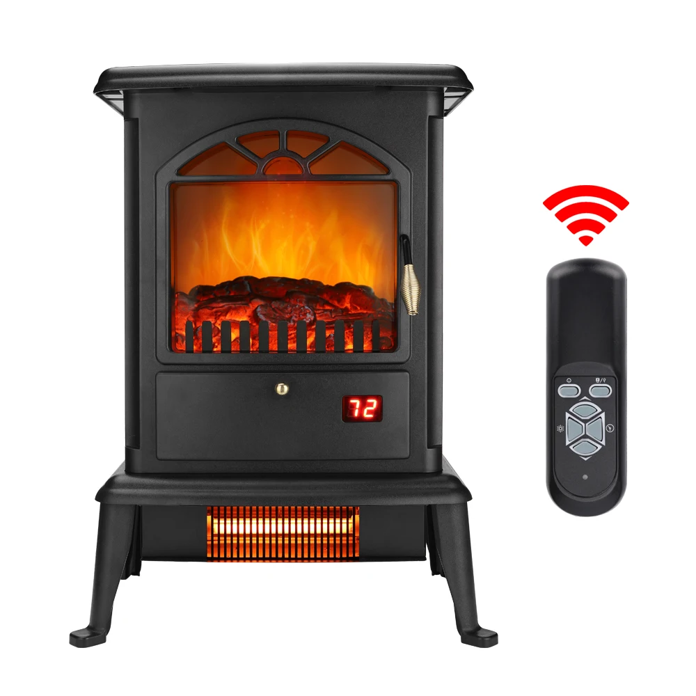 

3D Flame Fireplace Freestanding Heater 3-Door Glass with Remote Control Fake Firewood 3 Quartz Tubes 1500W Black[US-Stock]