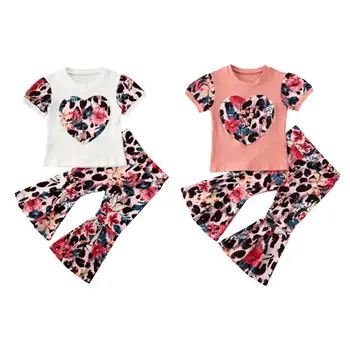 

2020 Valentine's Day Kids Girl Leopard Clothes Froral Top T-shirt Flared Pants Legging 2Pcs Baby Girls Clothing 1-6Y
