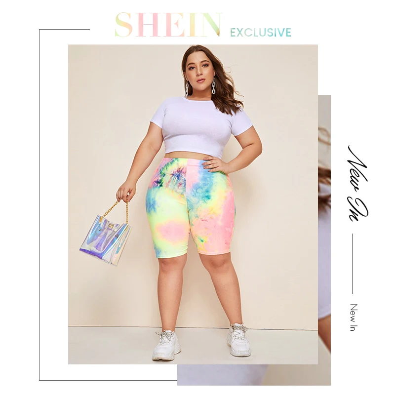 SHEIN плюс размер многоцветный Галстук Краситель эластичная талия тощий Бермуды Шорты женские летние спортивные тянущиеся красочные шорты