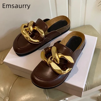 

Sewing Round Toe Flat Heel Slippers Women Big Gold Metal Chains Genuine Leather Slip-on Lazyman Mules For Woman