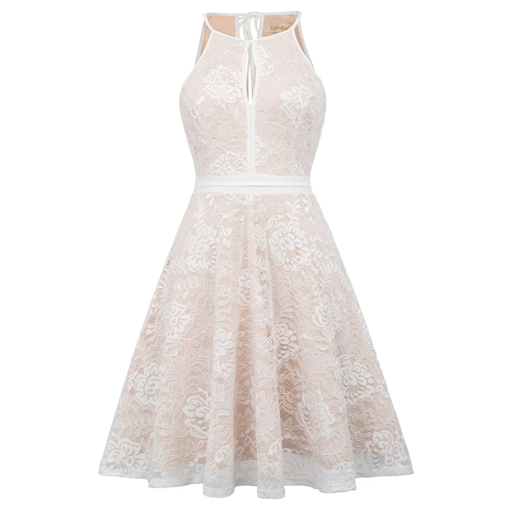Kate Kasin Sexy Women's Sleeveless Dress Crew Neck Keyhole Lace A-Line Fashion Lady Elegant High Waist Partys |