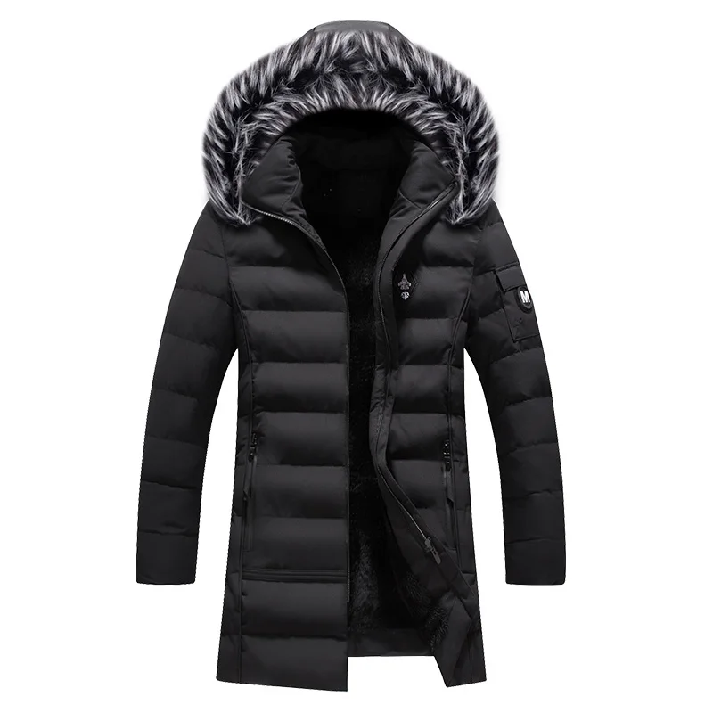 Новинка, модная зимняя мужская куртка с меховым воротником и капюшоном, длинное пальто, бархатная теплая парка, Мужская толстая верхняя одежда, повседневный ветрозащитный Тренч - Цвет: Черный