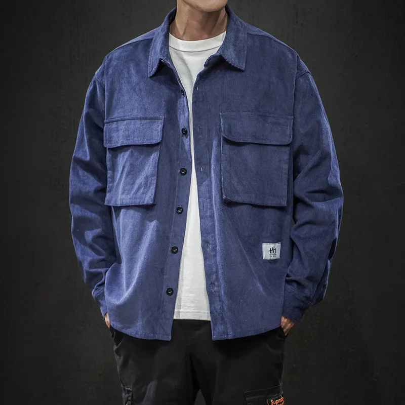 Navy Blue 19 мужская Вельветовая куртка Свободное пальто Куртка Свободная Молодежная будет код карман украшение куртка - Цвет: Navy Blue