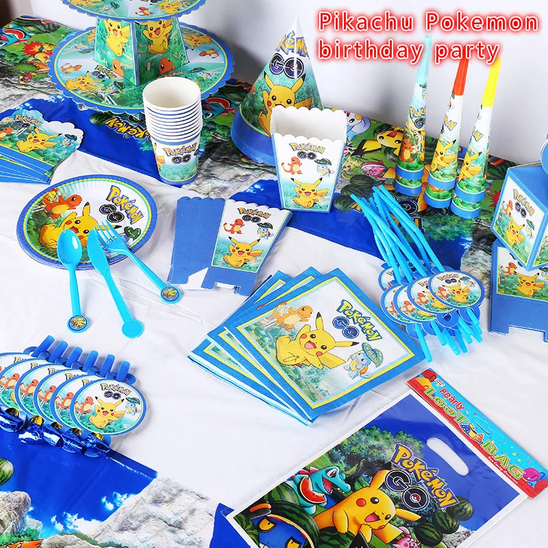 Tasa de descuento 2021 nuevo de dibujos animados Pikachu Pokemon cumpleaños fiesta desechable decoración conjunto de vajilla para fiesta platos y vasos de papel material para Fiesta infantil YDwpem07m3z