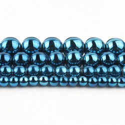 Natural Stone Hematite Round Beads in Gold & Silver Tones for Jewelry Making - 15'' Strand (Dark Blue)