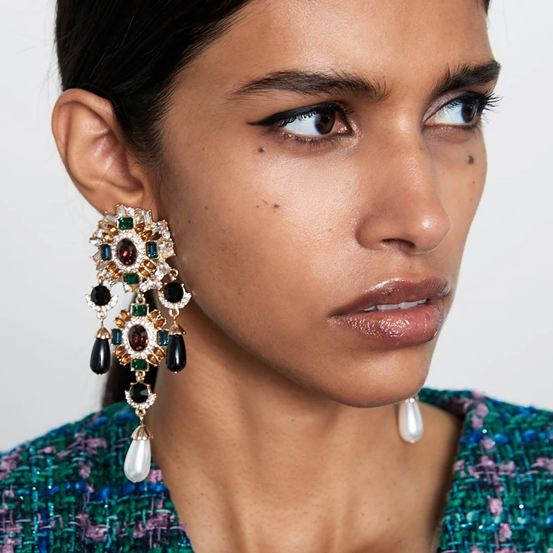 FASHIONSNOOPS Vintage Simulated Pearls Earrings For Women Crystal Statement Dangle Drop Earring Handmade Jewelry Accessories drop earrings dangle earrings