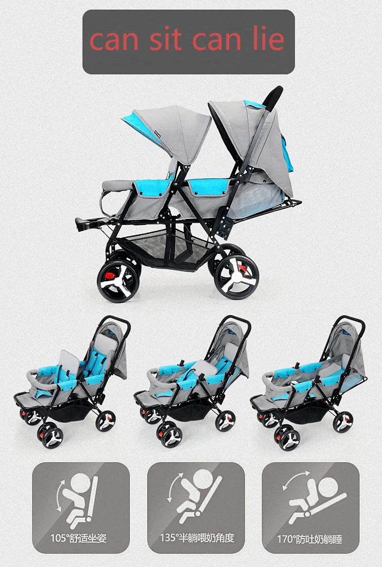 Twin Baby Strollers Lightweight Folding Front Rear Reclining Trolley Baby Double Stroller Can Lie Flat