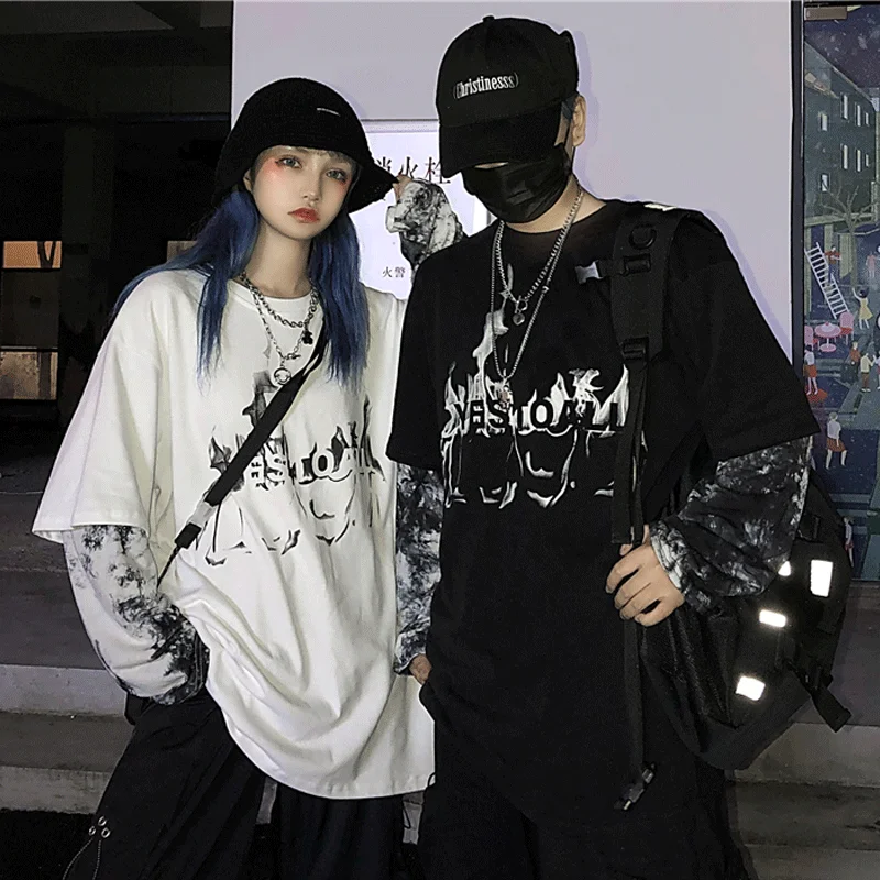 NiceMix Harajuku поддельные две части футболка женская и мужская мода уличная галстук краситель Письмо печати Топы повседневные с длинным рукавом Топы тройники