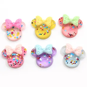 

20/100pcs Kawaii Glitter Mouse Head Bowtie Colorful Flatback Bead Cute Cabochon For Craft DIY Scrapbooking