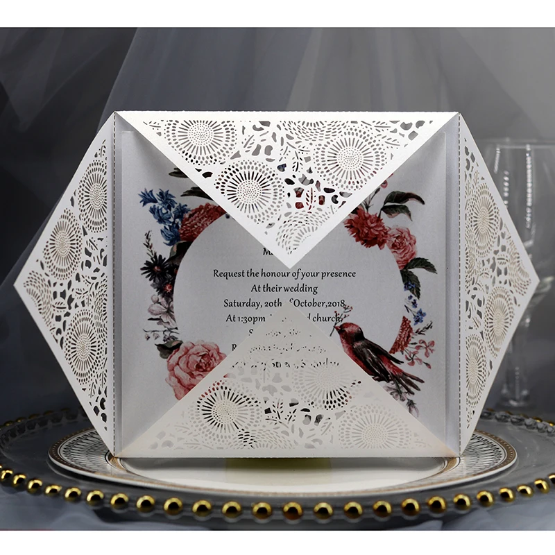  50pcs Square Laser Cut Wedding Invitation Cards Elegant Flora Business Birthday Greeting Cards Pers - 4000502925731