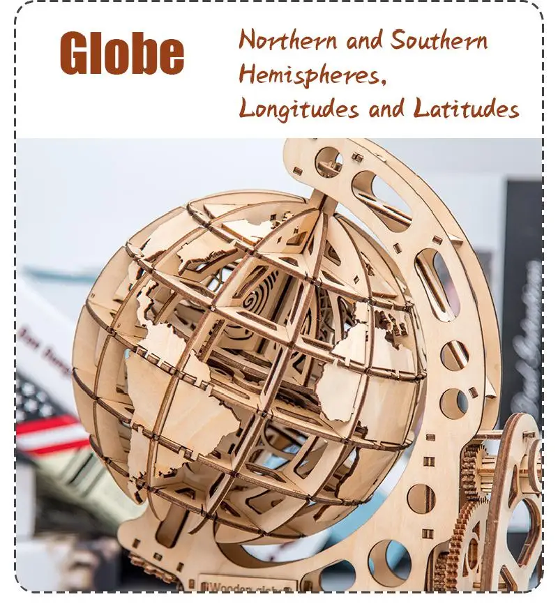 Cena Drewniana kula ziemska Puzzle 3D DIY mechaniczny napęd Model skrzynia biegów obróć montaż Puzzle dekoracja biurowa domu zabawki