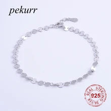 Pekurr стерлингового серебра 925 пробы блестящие круглые вафельные звенья цепи браслеты для женщин аксессуары очарование ювелирные изделия