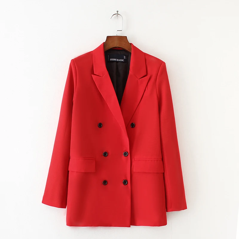 Однотонный Красный Блейзер Женская однотонная верхняя одежда Женская мода OL Классический воротник двубортный костюм куртки Длинная Базовая верхняя одежда - Цвет: red
