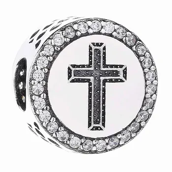 

New 925 Sterling Silver Bead Charm Openwork Faith & Cross With Clear Cubic Zirconia Bead Fit Bracelet Bangle DIY Jewelry