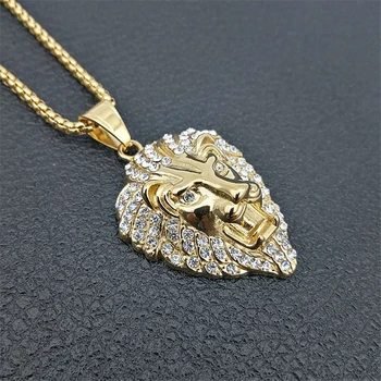 

Punk Style Lion Head Pendant Necklaces With Cubic Zirconia Trendy Gold Color Stainless Steel Chain Necklace Collares Jewelry