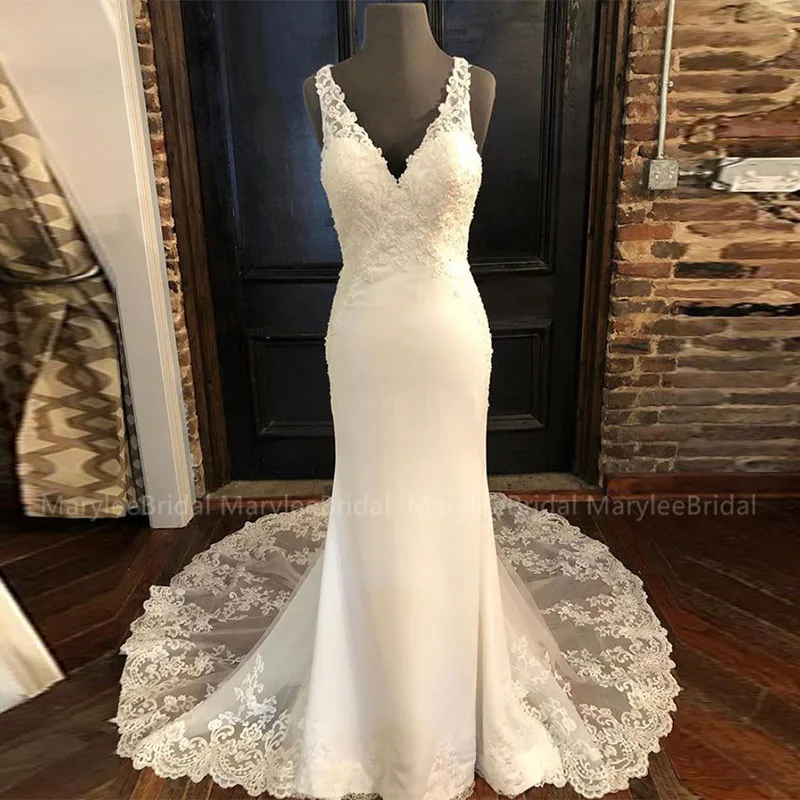 Vestidos De Noiva свадебное платье без рукавов с v-образным вырезом, сделанное для измерения, Аппликации, открытая спина, Свадебные платья Русалка, часовня, шлейф