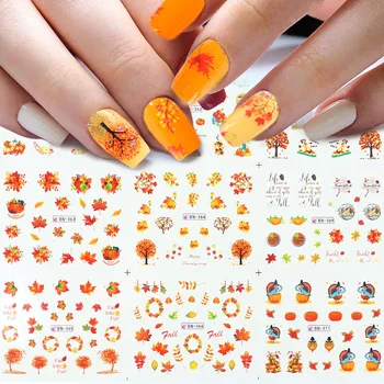 

12pcs Gold Leaf Stickers For Nails Autumn Maple Nail Art Water Decals Set Foils Decorations Designs Flowers Manicure TRBN361-372
