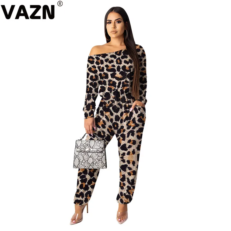 leopard VAZN Новое поступление весенний сексуальный женский комбинезон 2 цветов длинный комбинезон с длинным рукавом и круглым вырезом Леопардовый камуфляжный комбинезон Комбинезоны - Цвет: leopard