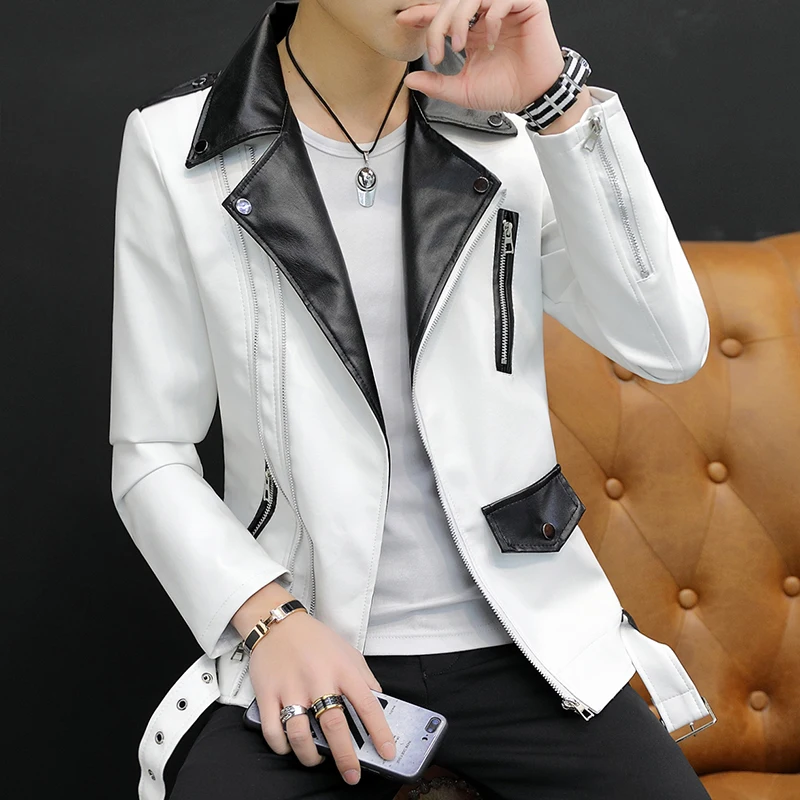 

2019 New design Motorcycle Bomber Leather belt Jacket Men Autumn Turn-down Collar Slim fit Male Leather Jacket Coats