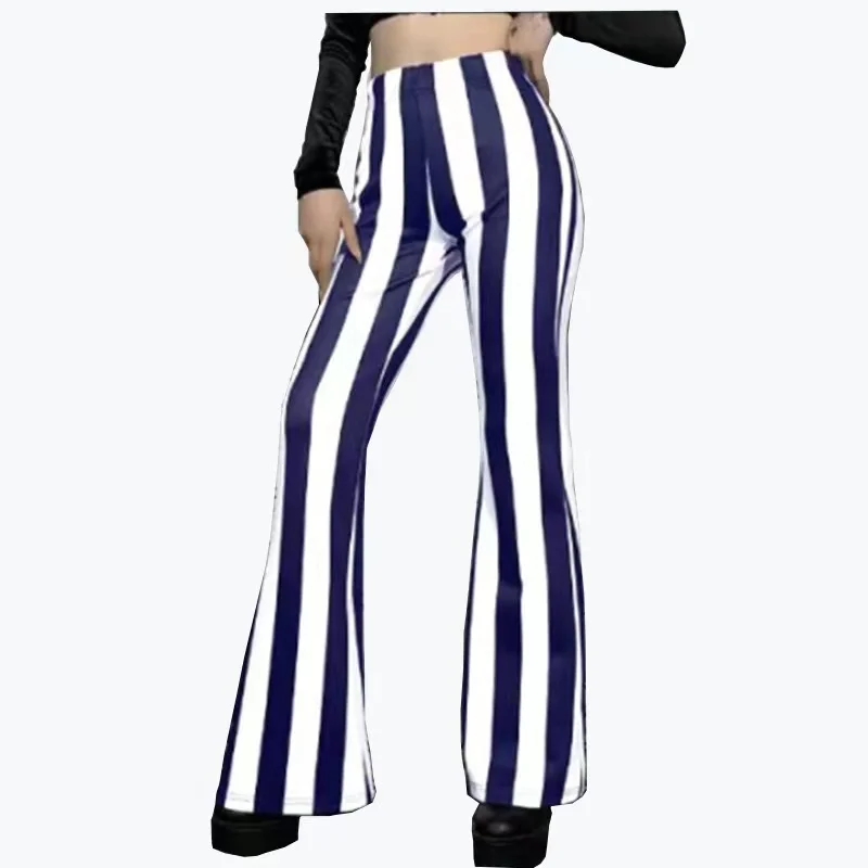 Y8191 new style European and American women's plus size casual pants fashion striped stretch high-waist flared trousers ladies cropped trousers Pants & Capris