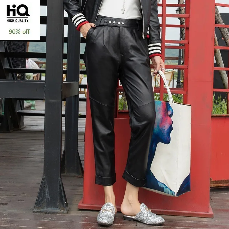 

High Qualtiy Genuine Leather Womens Elastic Waist Harem Pants Fashion Calf Length Rivet Sheepskin Loose Casual Plus Size Trouser