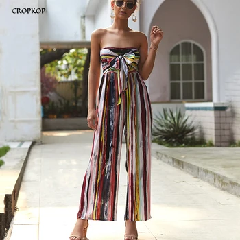

Rompers Wide Leg Jumpsuit Pants Women Off The Shoulder Sexy Backless Summer Tie-Dye Tops Color Striped One Piece Clothing 2020