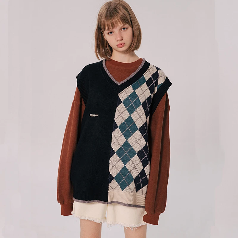 

Sleeveless lrregular Sweater Women V-neck Knitted Vest Preppy Style Women’s Sweater Tank Top Female