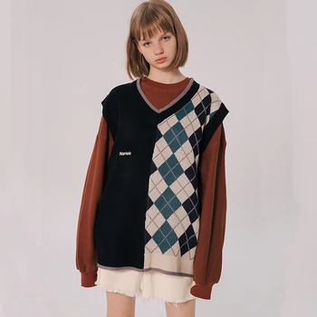 

Sleeveless lrregular Sweater Women V-neck Knitted Vest Preppy Style Women’s Sweater Tank Top Female