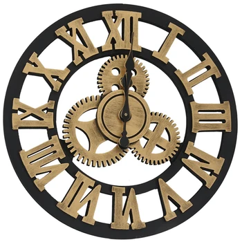 

1Pcs Wall Decoration Wrought Iron Alarm Clock Retro Wall Clock 3D Round Roman Hollow Iron Bar Quiet Decorative Wall Clock Gold 4