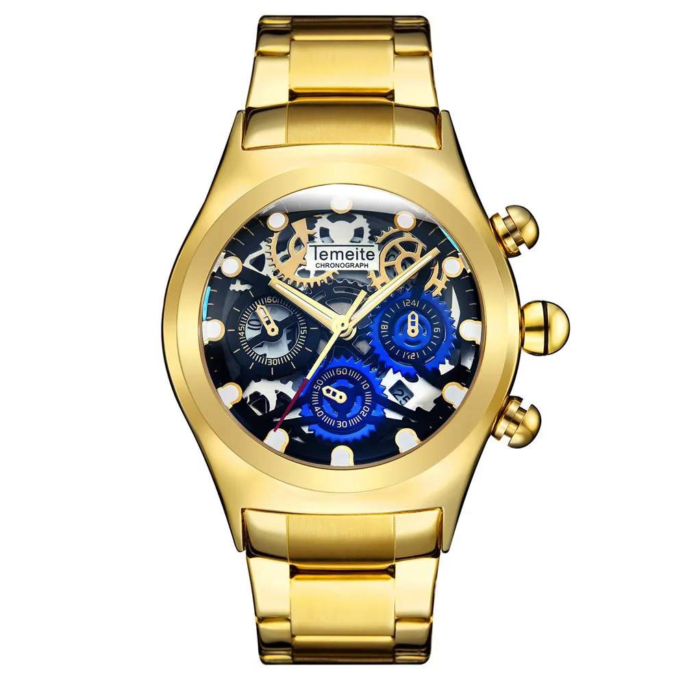 gold black Temeite Новые Роскошные мужские часы модные спортивные мужские часы из нержавеющей стали Кварцевые Золотые часы Мужские часы Дата Reloj Hombre - Цвет: gold black