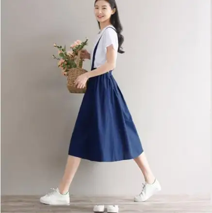 Women Linen Cotton Long Strap Skirts Girls Elastic Waist A-line Maxi Skirts Overalls Vintage Summer Skirt Faldas SaiaLJ48
